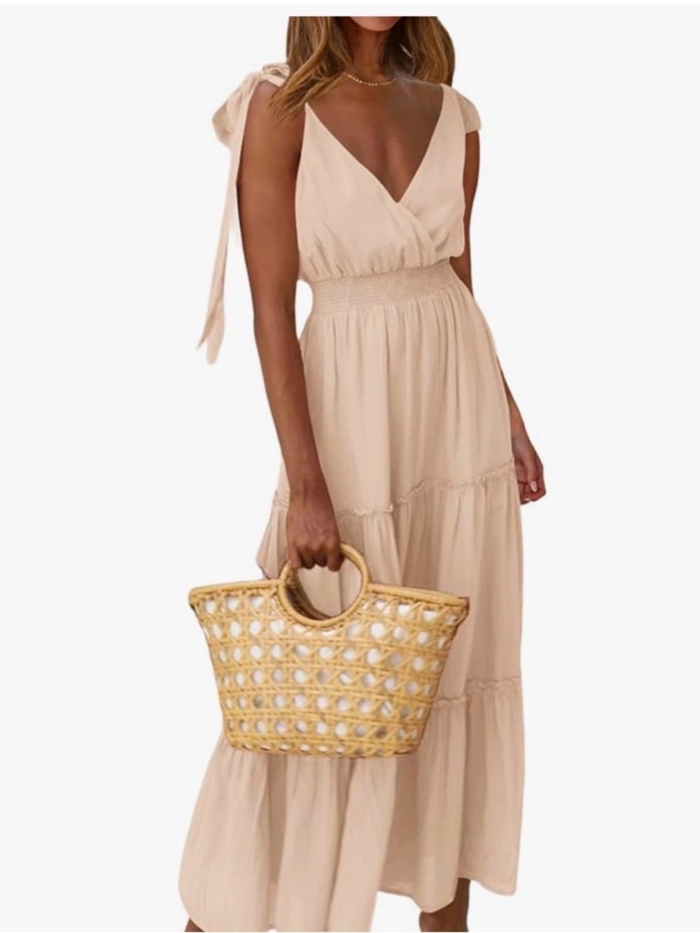 Sleeveless Tie-Shoulder Maxi Dress in Light Beige